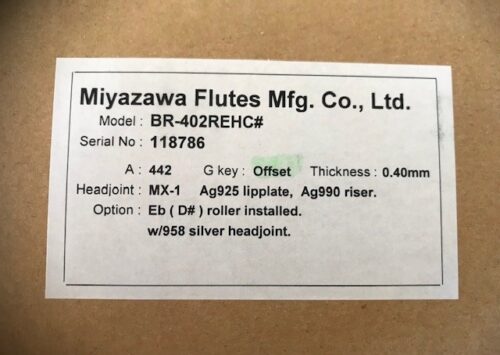 New Miyazawa 402REHC# Silver Flute, Offset C# Trill, D# Roller, .958 MX-1 Cut, .990 Riser, Warranty!