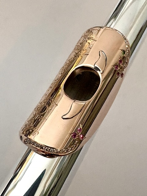 IMG_2710 Song .995 Silver Flute, Handmade Engraved Headjoint, 14K Solid Gold Lip/Riser, 14k Wings, Diamond & Gemstone Embellished