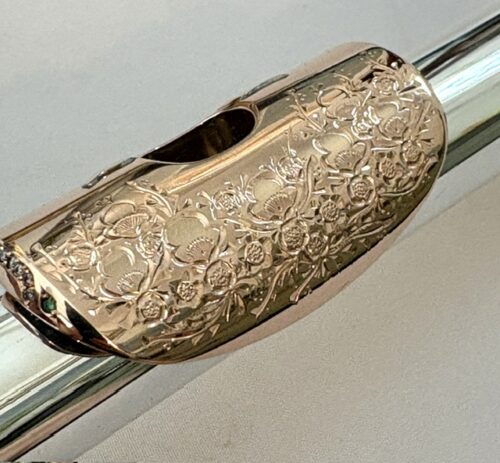 IMG_2714 Song .995 Silver Flute, Handmade Engraved Headjoint, 14K Solid Gold Lip/Riser, 14k Wings, Diamond & Gemstone Embellished