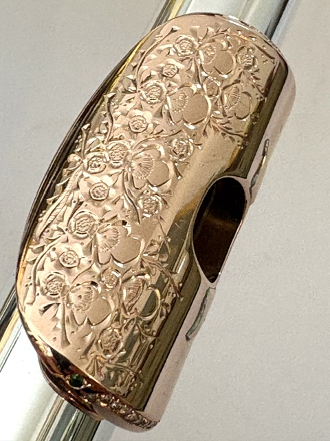 IMG_2715 Song .995 Silver Flute, Handmade Engraved Headjoint, 14K Solid Gold Lip/Riser, 14k Wings, Diamond & Gemstone Embellished