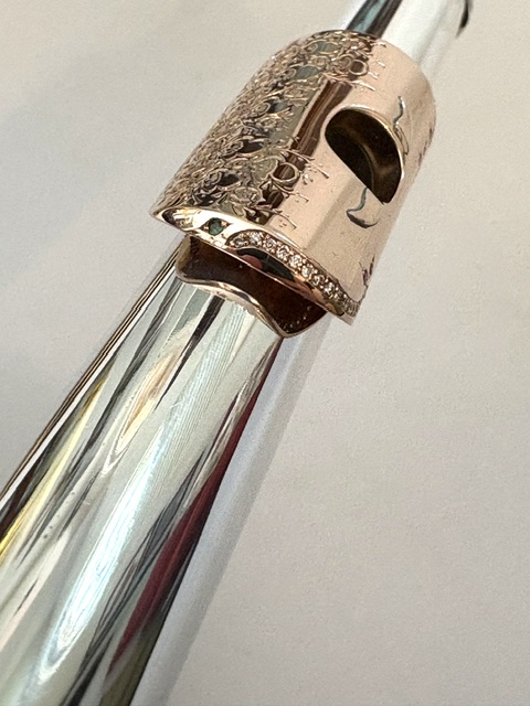 IMG_2716 Song .995 Silver Flute, Handmade Engraved Headjoint, 14K Solid Gold Lip/Riser, 14k Wings, Diamond & Gemstone Embellished
