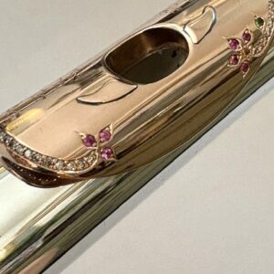 Song .995 Silver Flute, Handmade Engraved Headjoint, 14K Solid Gold Lip/Riser, 14k Wings, Diamond & Gemstone Embellished