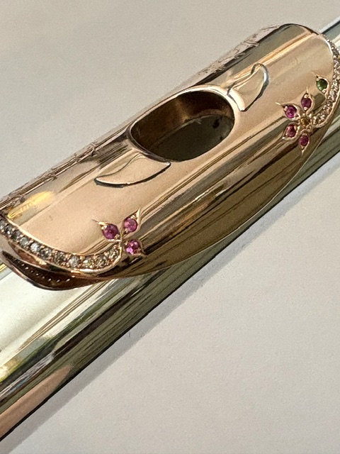 IMG_2717 Song .995 Silver Flute, Handmade Engraved Headjoint, 14K Solid Gold Lip/Riser, 14k Wings, Diamond & Gemstone Embellished