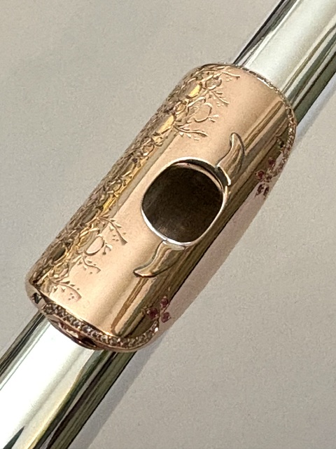 IMG_2718 Song .995 Silver Flute, Handmade Engraved Headjoint, 14K Solid Gold Lip/Riser, 14k Wings, Diamond & Gemstone Embellished